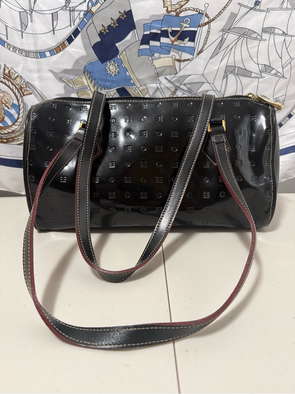 Arcadia Black Patent Shoulder Bag with Embossed Logo